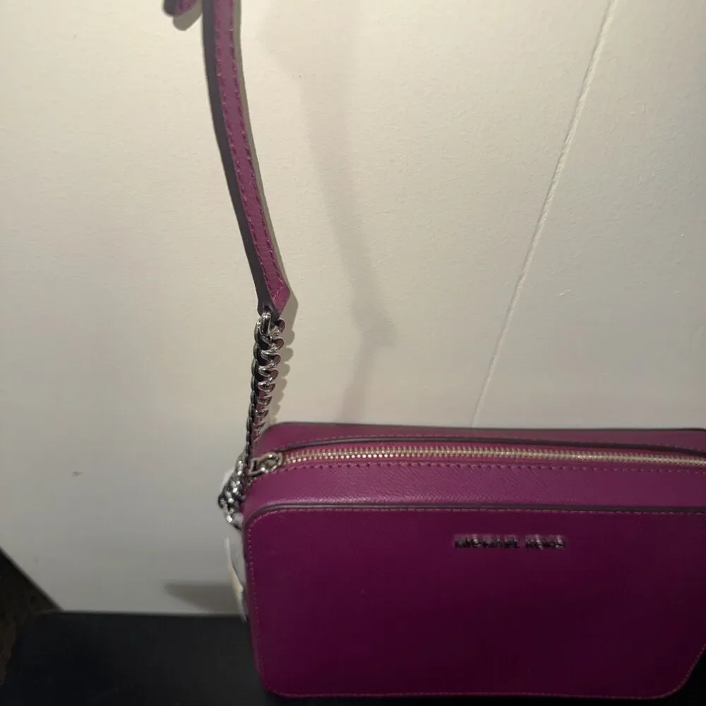 Michael Kors Magenta Crossbody Bag  Silver Chain Strap Zip Closure Women